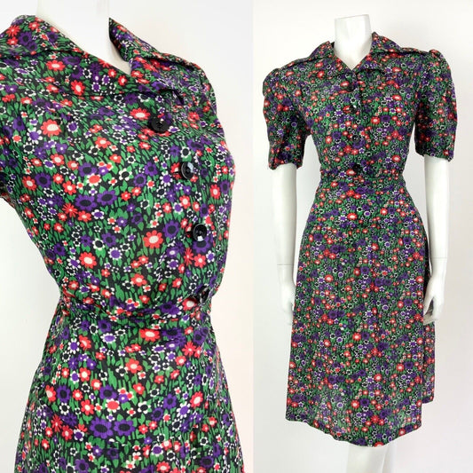 VTG 60s 70s GREEN PURPLE RED BLACK FLORAL DAISY DITSY MOD DAGGER SHIRT DRESS 12