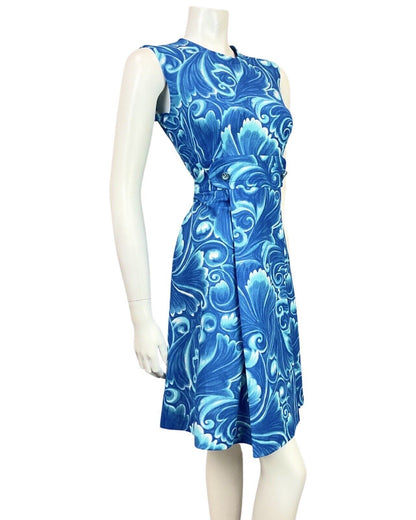 VINTAGE 60s 70s BLUE WHITE PSYCHEDELIC SWIRL MOD SLEEVELESS DRESS 10 12