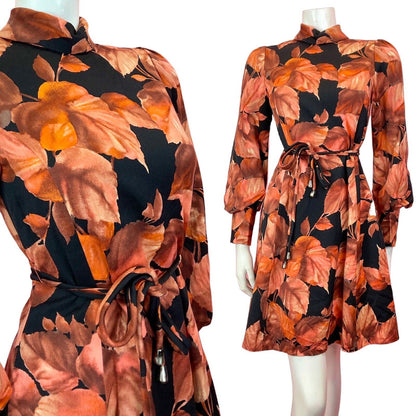 VTG 60s 70s ORANGE BROWN BLACK LEAFY TURTLENECK BISHOP SLEEVE SWING DRESS 8