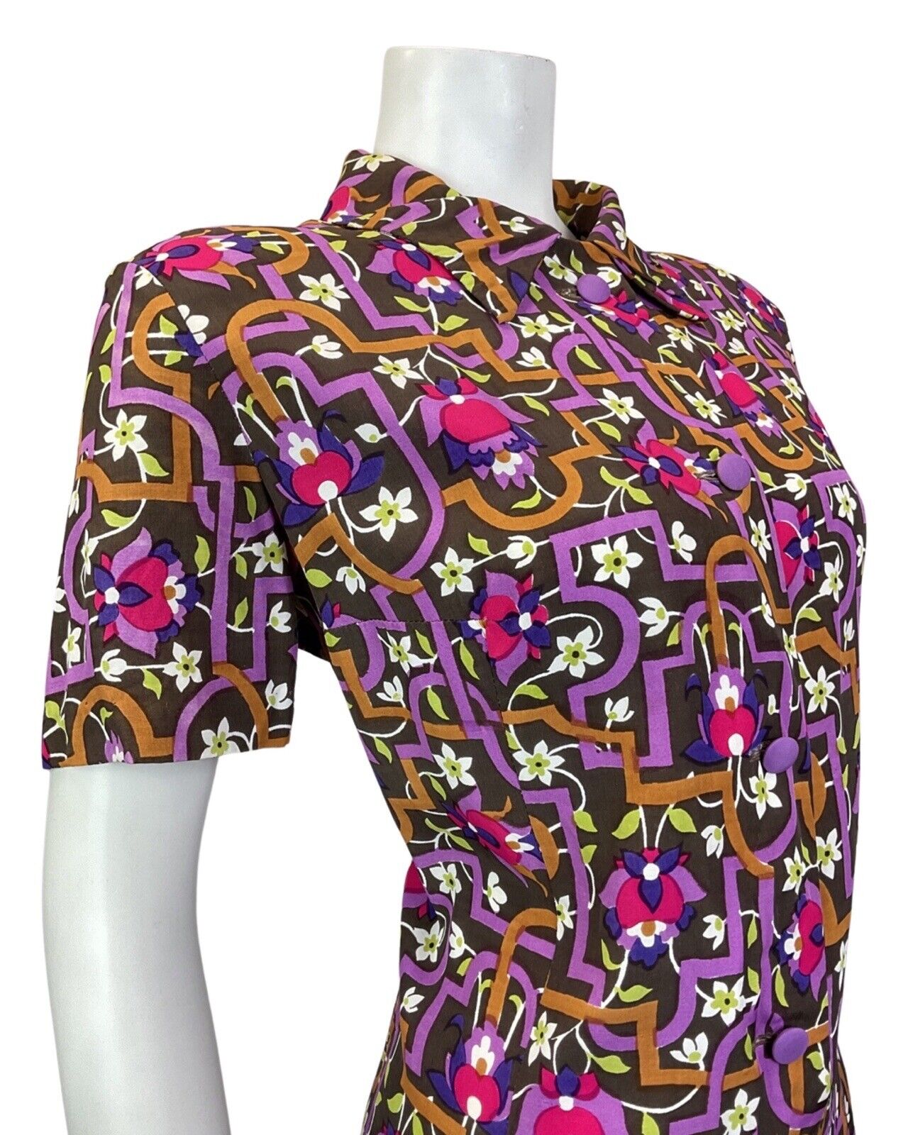 VINTAGE 60s 70s BROWN PURPLE WHITE GEOMETRIC FLORAL SHIRT DRESS 16 18