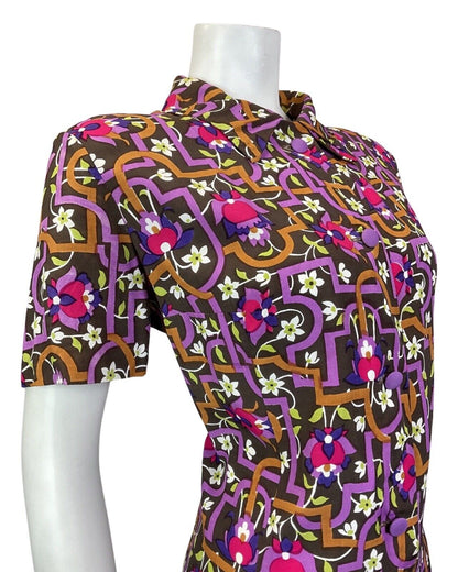 VINTAGE 60s 70s BROWN PURPLE WHITE GEOMETRIC FLORAL SHIRT DRESS 16 18
