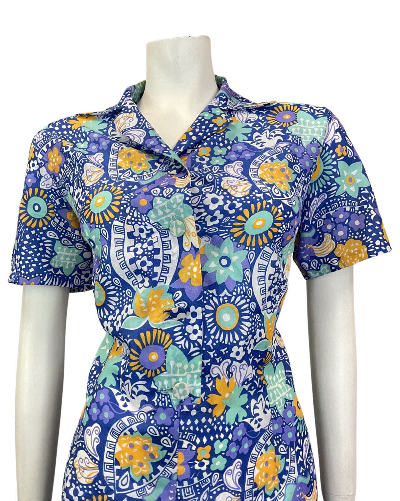 VINTAGE 60s 70s BLUE GREEN WHITE PSYCHEDELIC FLORAL MANDALA SHIRT DRESS 16