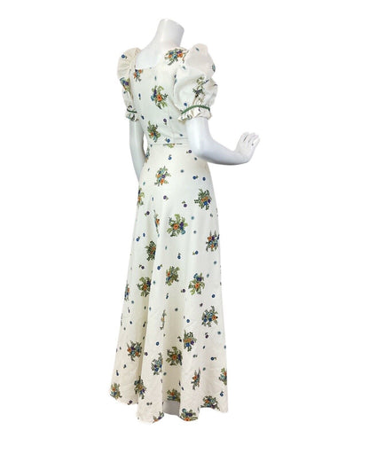 VINTAGE 60s 70s CREAM BLUE GREEN FLORAL BOUQUET PUFF SLEEVE BOHO MAXI DRESS 8 10