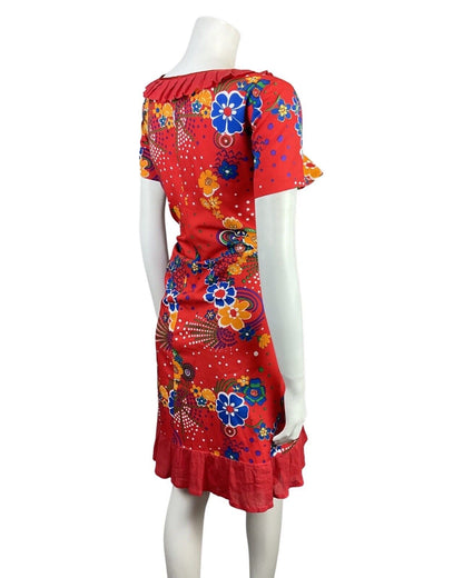VINTAGE 60s 70s RED BLUE YELLOW PSYCHEDELIC SWIRL FLORAL RUFFLED DRESS 16