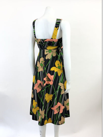 VTG 60s 70s BLACK WHITE YELLOW PEACH STRIPED FLORAL LILY SUMMER SUNDRESS 8 10