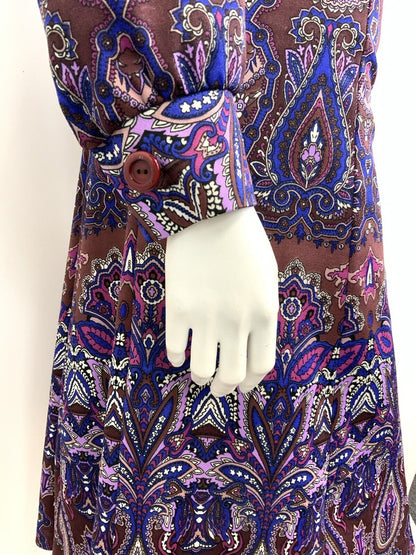 VTG 60s 70s PURPLE BROWN BLUE PSYCHEDELIC FLORAL DAGGER SHIRT DRESS 16 18