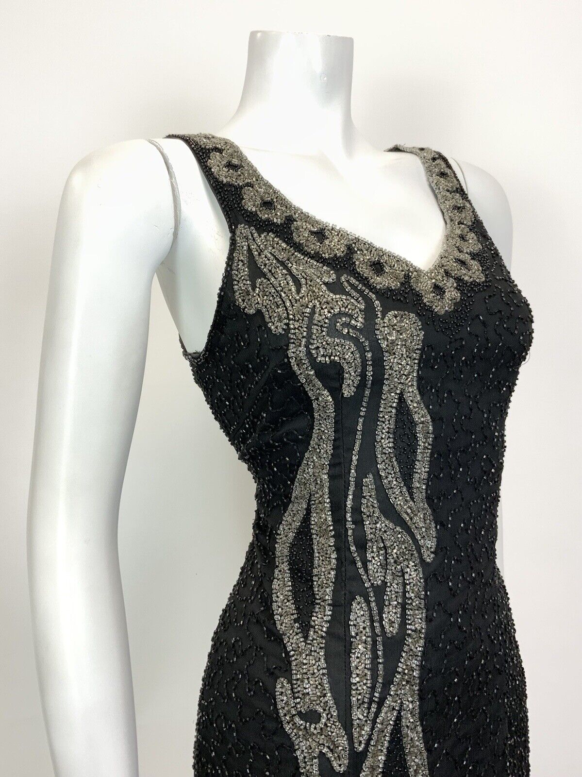 VINTAGE 70s 80s BLACK GREY SILVER BEADED SEQUIN STUDIO 54 GLAM PARTY DRESS 12