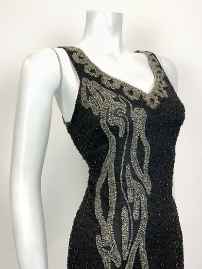 VINTAGE 70s 80s BLACK GREY SILVER BEADED SEQUIN STUDIO 54 GLAM PARTY DRESS 12