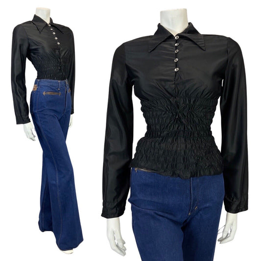 VINTAGE 60s 70s BLACK DAGGER COLLAR CROPPED SHIRRED MOD DISCO BLOUSE TOP 6