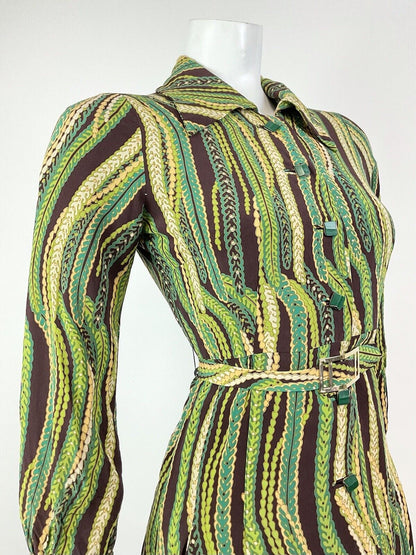 VINTAGE 60s 70s GREEN CREAM BROWN STRIPED PSYCHEDELIC BELTED SHIRT DRESS 8 10