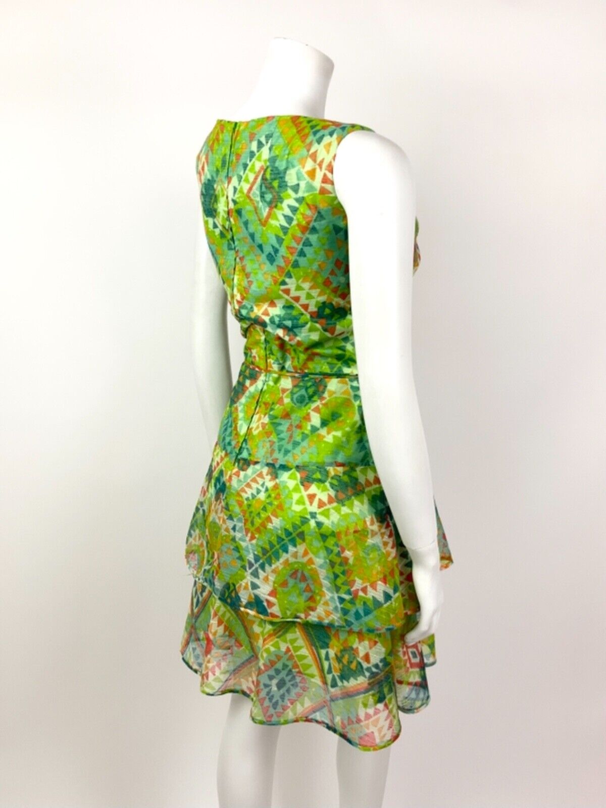 VINTAGE 60s 70s GREEN BLUE RED WHITE AZTEC GEOMETRIC TIERED SHEER DRESS 10 12