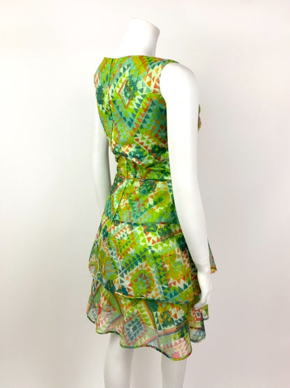 VINTAGE 60s 70s GREEN BLUE RED WHITE AZTEC GEOMETRIC TIERED SHEER DRESS 10 12