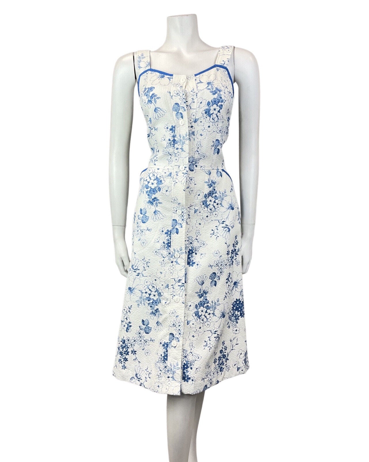 VINTAGE 60s 70s WHITE BLUE FLORAL PRAIRIE BOHO SUMMER APRON SUN DRESS 8