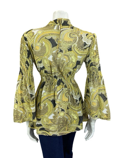 VTG 60S GOLD BLACK WHITE LUREX GLITTERY FLARE SLEEVE RUCHED COLLAR BLOUSE 8
