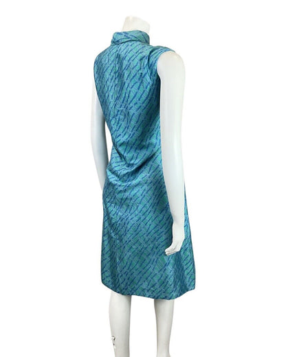 VINTAGE 60s 70s BLUE GREEN ROPE BRAIDED MOD SILK DAGGER SHIRT DRESS 12 14