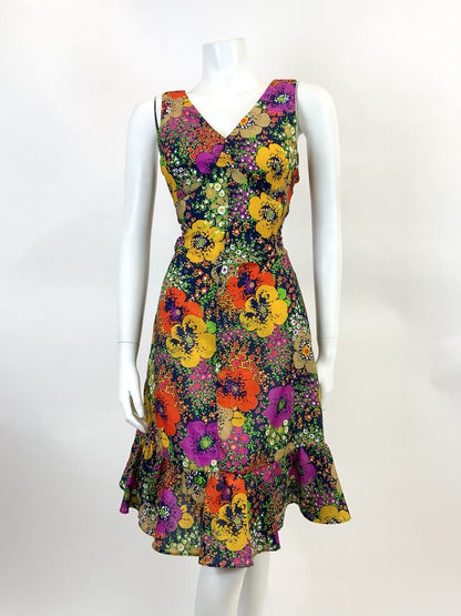 VINTAGE 60s 70s BLUE GREEN YELLOW RED FLORAL PSYCHEDELIC DOTTY SUMMER DRESS 8
