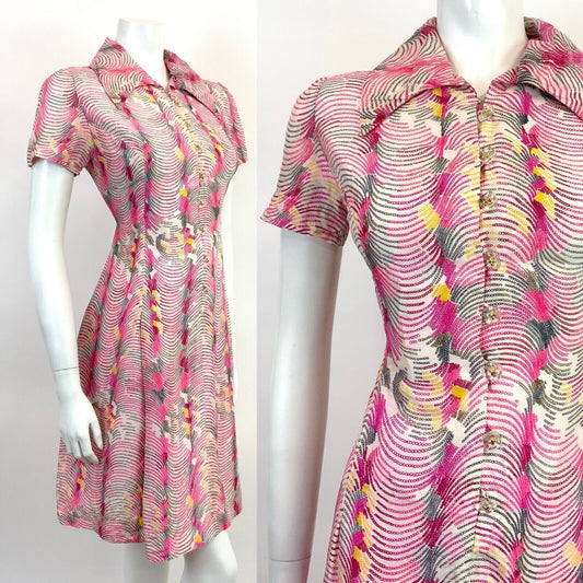 VTG 60s 70s PINK YELLOW WHITE WAVY PSYCHEDELIC WING COLLAR MOD SHIRT DRESS 10 12
