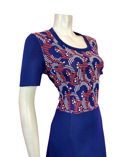 VINTAGE 60s 70s BLUE RED WHITE GEOMETRIC DOTTY MOD KNITTED DRESS 12 14