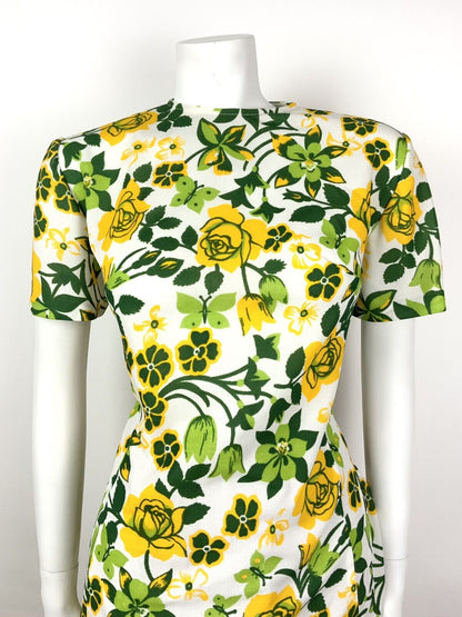 VINTAGE 60s 70s WHITE GREEN LIME YELLOW FLORAL ROSE TSHIRT TOP 12 14