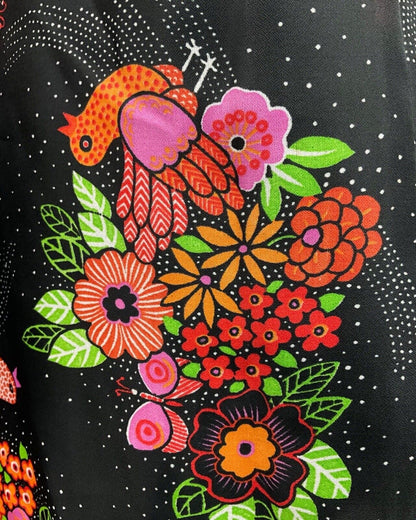 VTG 60s 70s BLACK PINK GREEN FLORAL BIRD BUTTERFLY SHEER SWING DRESS 12