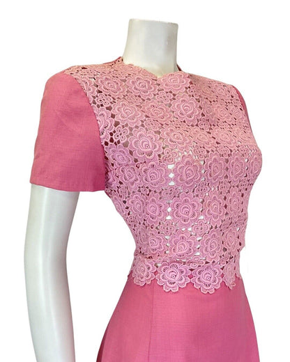 VINTAGE 60s 70s ROSE PINK EMBROIDERED FLORAL LACE SHORT-SLEEVE DRESS 10 12