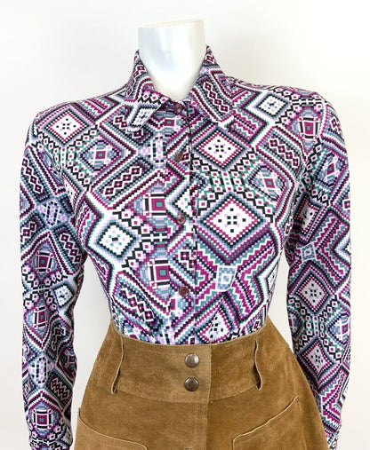 VINTAGE 60s 70s PURPLE WHITE GREEN BLACK GEOMETRIC AZTEC MOD DAGGER SHIRT 14 16