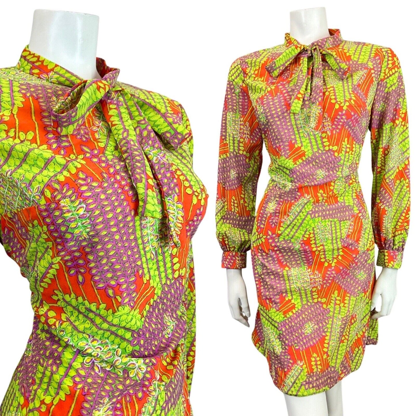 VINTAGE 60s 70s ORANGE GREEN PURPLE PSYCHEDELIC VINE LEAFY BOW MOD DRESS 12 14