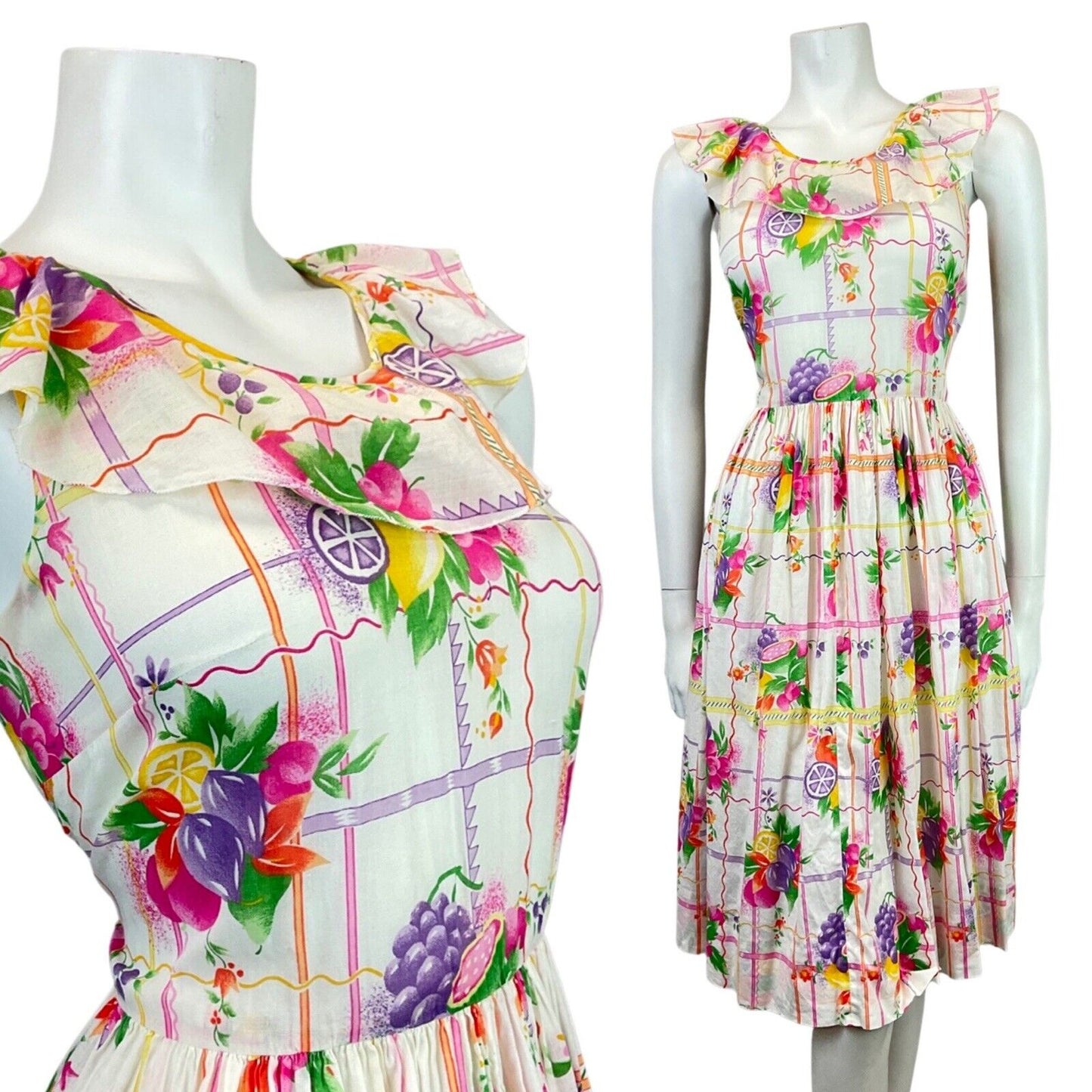 VINTAGE 60s 70s WHITE PURPLE GREEN YELLOW FLORAL FRUITS RUFFLED SUMMER DRESS 8