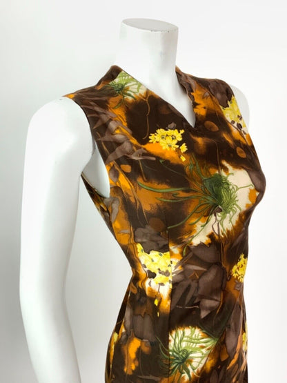VINTAGE 60s 70s BROWN ORANGE YELLOW GREEN FLORAL PSYCHEDELIC SLEEVELESS DRESS 8
