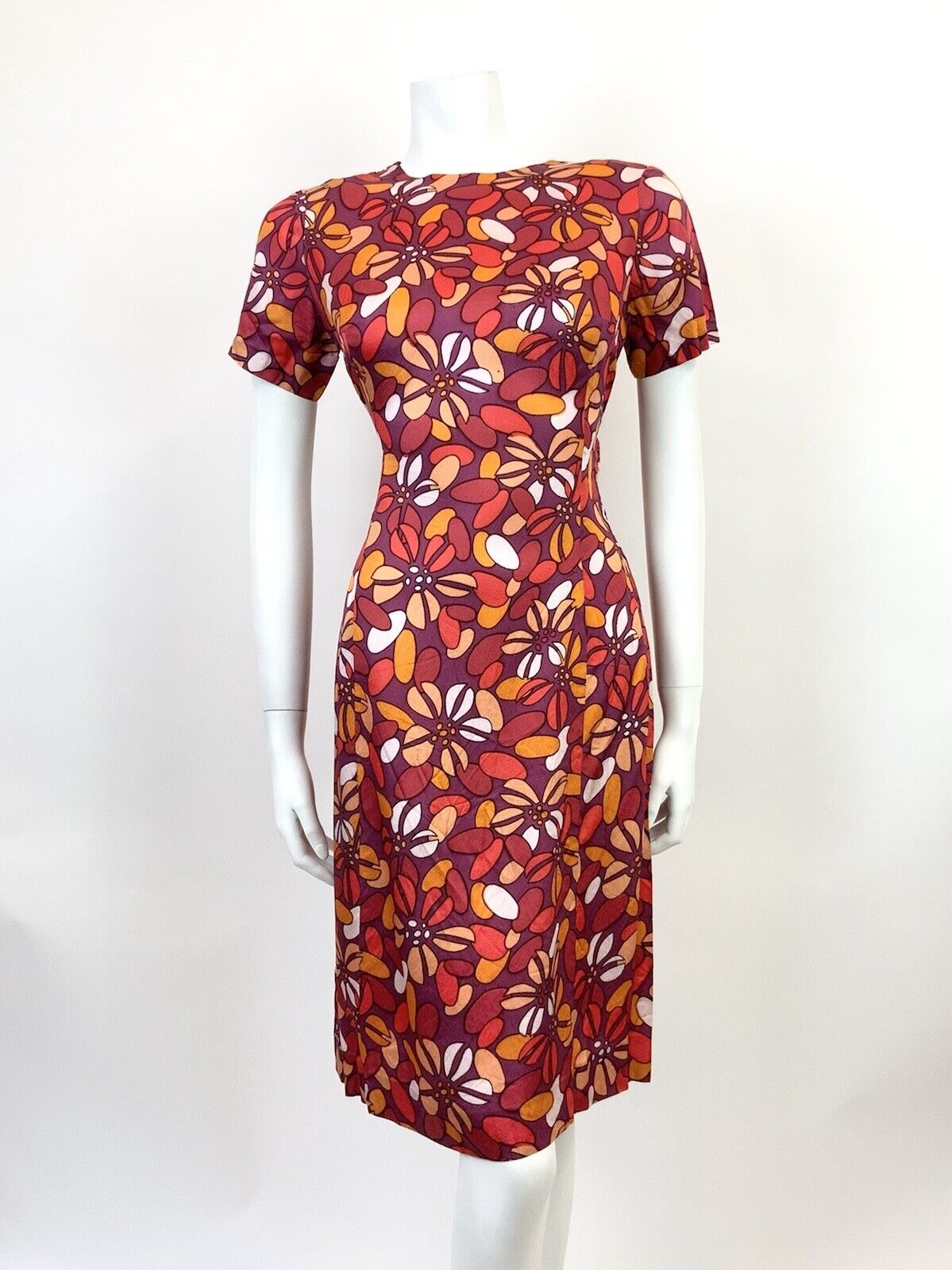 VTG 60s 70s PURPLE PEACH RED FLORAL PETAL PSYCHEDELIC MOD FITTED DRESS 10 12