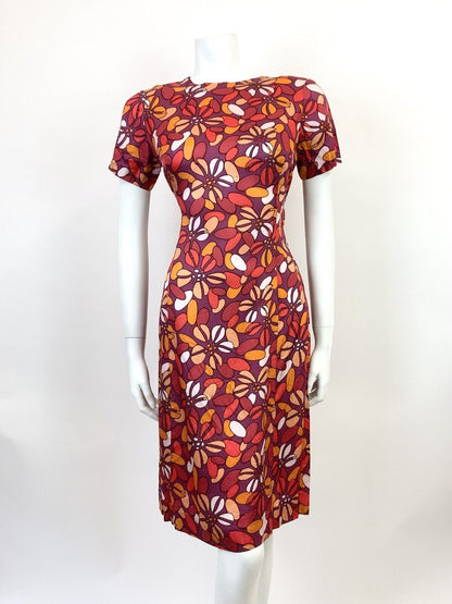 VTG 60s 70s PURPLE PEACH RED FLORAL PETAL PSYCHEDELIC MOD FITTED DRESS 10 12