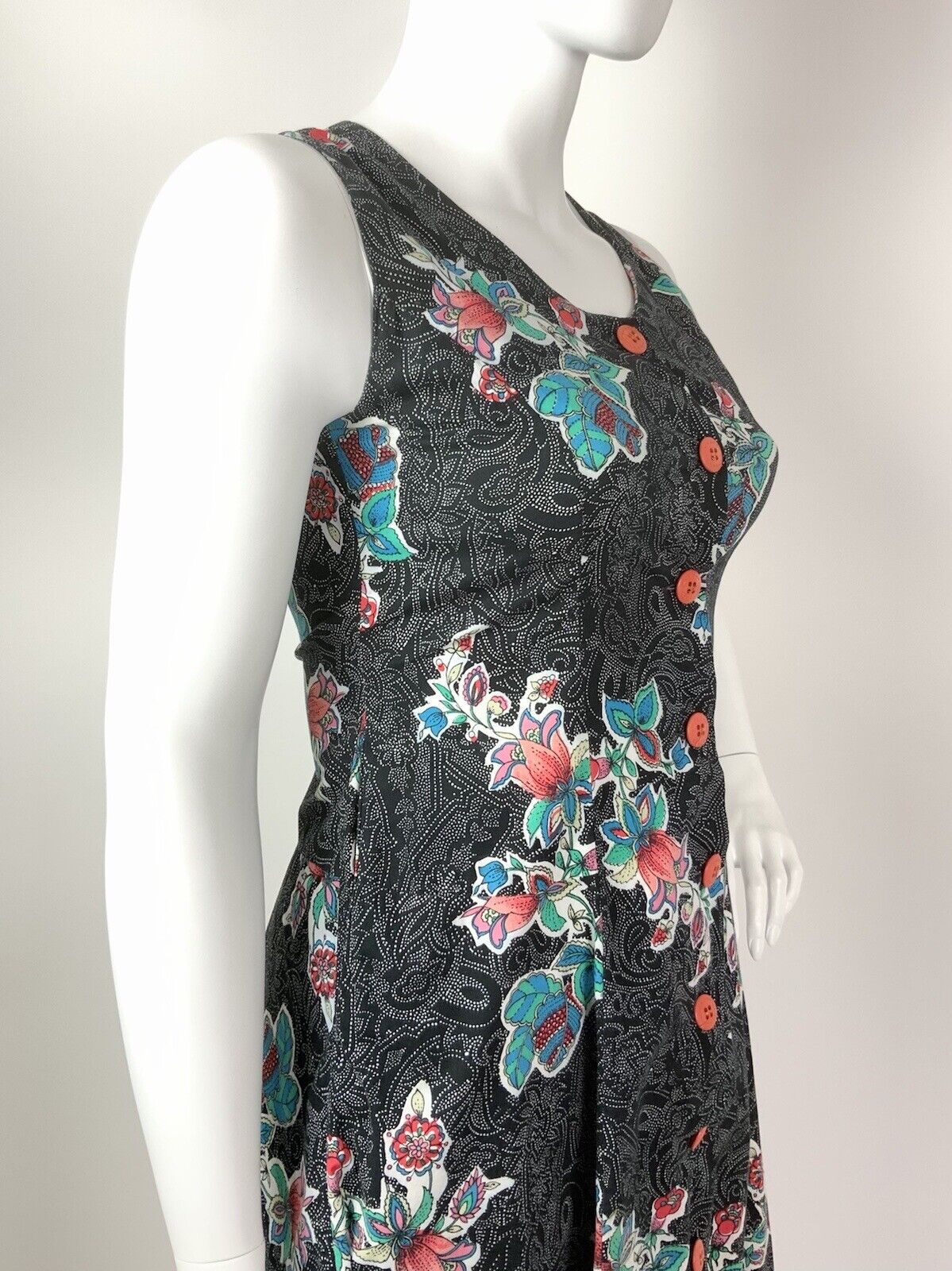 VINTAGE 70s 80s BLACK WHITE BLUE ORANGE DOTTY FLORAL PAISLEY SLEEVELESS DRESS 16