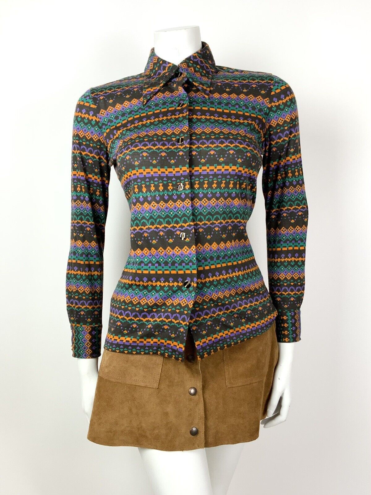 VINTAGE 60s 70s BROWN PURPLE ORANGE GREEN GEOMETRIC AZTEC DAGGER SHIRT 10 12