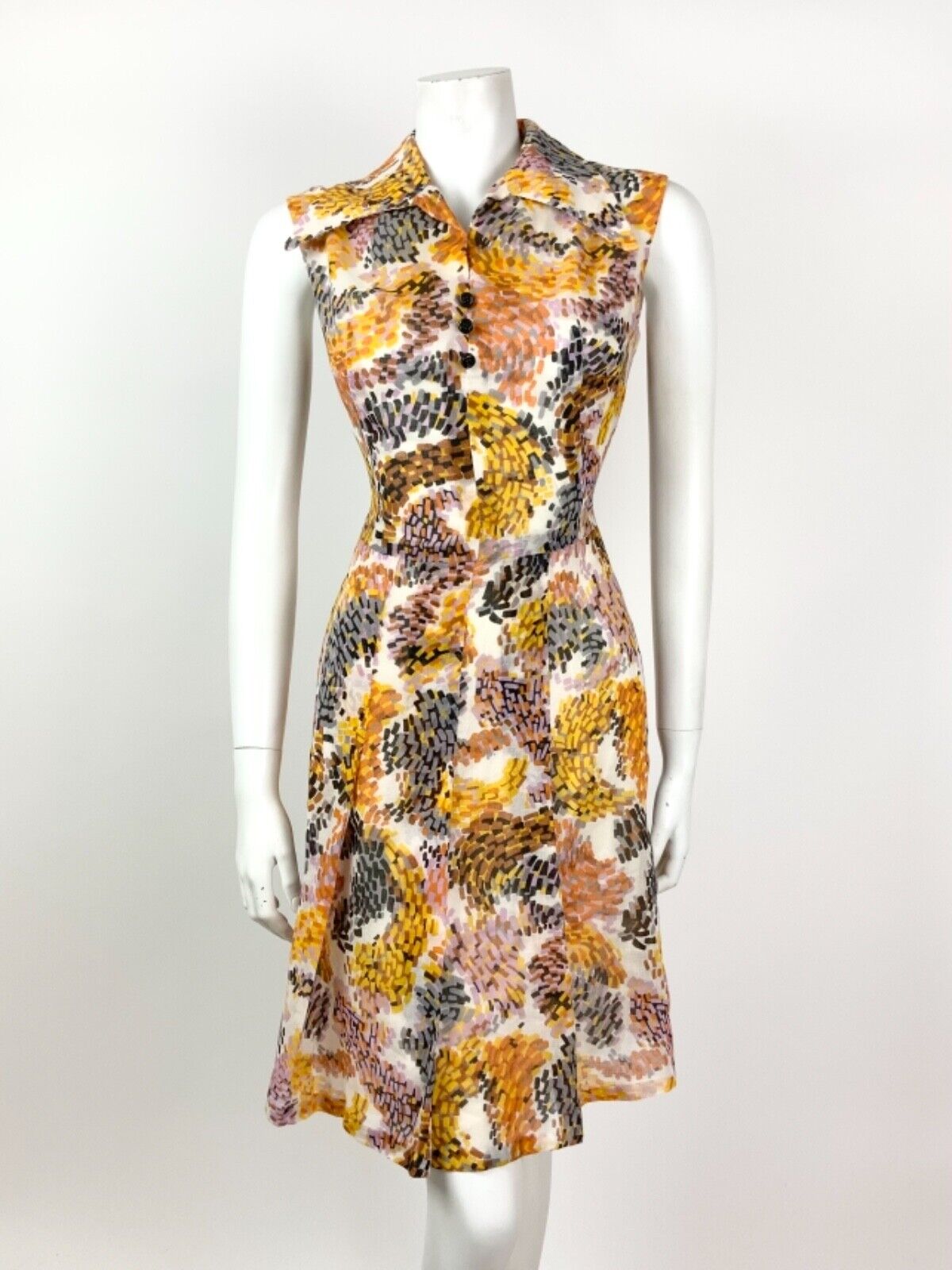VINTAGE 60s 70s WHITE BROWN ORANGE YELLOW PSYCHEDELIC WING COLLAR DRESS 10