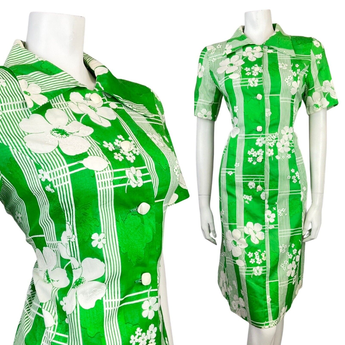 VINTAGE 70s APPLE GREEN WHITE STRIPED FLORAL MOD DAGGER SHIRT DRESS 12 14