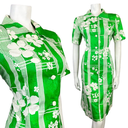 VINTAGE 70s APPLE GREEN WHITE STRIPED FLORAL MOD DAGGER SHIRT DRESS 12 14