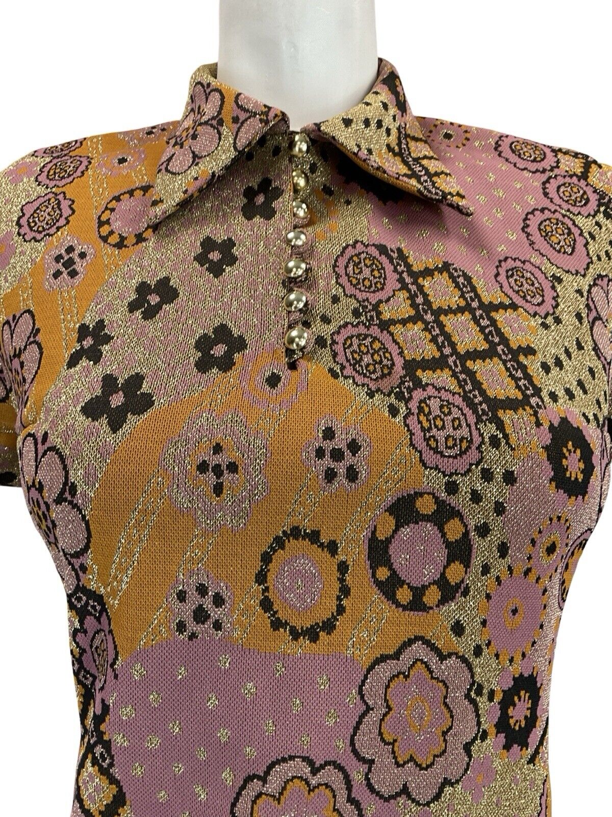 VTG 60S PINK GOLD BLACK ORANGE FLORAL PSYCHEDELIC WING COLLAR PARTY DRESS 8