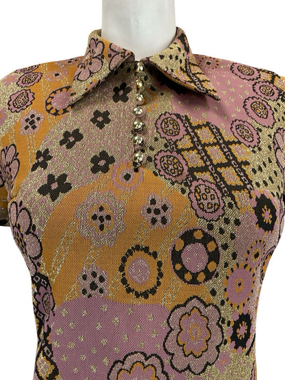 VTG 60S PINK GOLD BLACK ORANGE FLORAL PSYCHEDELIC WING COLLAR PARTY DRESS 8
