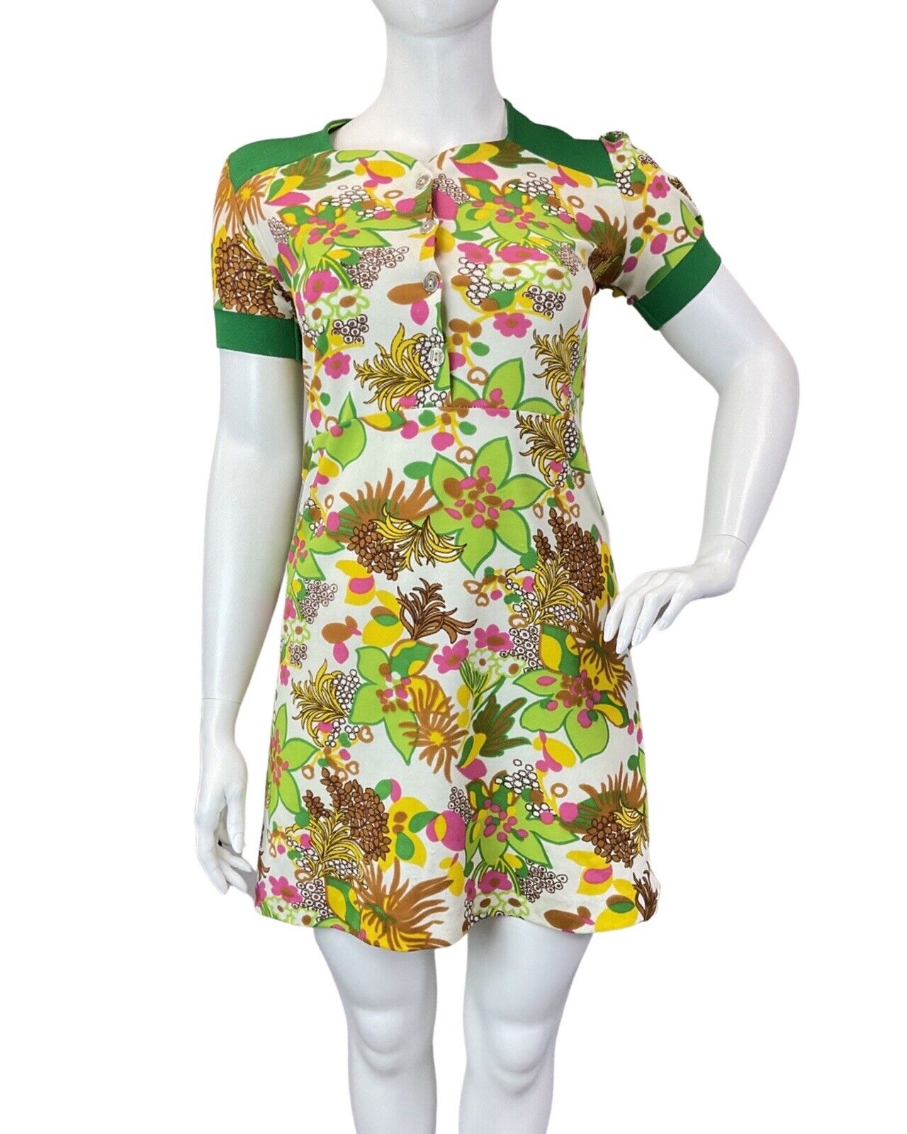 VINTAGE 60s 70s WHITE GREEN PINK FLORAL PSYCHEDELIC MOD SHORT DRESS 16