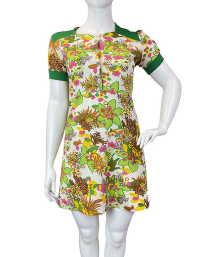 VINTAGE 60s 70s WHITE GREEN PINK FLORAL PSYCHEDELIC MOD SHORT DRESS 16