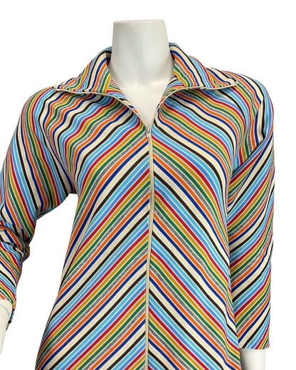 VINTAGE 70s BLUE WHITE RED GREEN STRIPED MOD ZIP-UP SHIRT MAXI DRESS 12 14