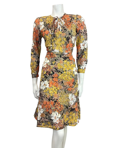 VINTAGE 60s 70s ORANGE YELLOW BLACK PSYCHEDELIC FLORAL SWING DRESS 10