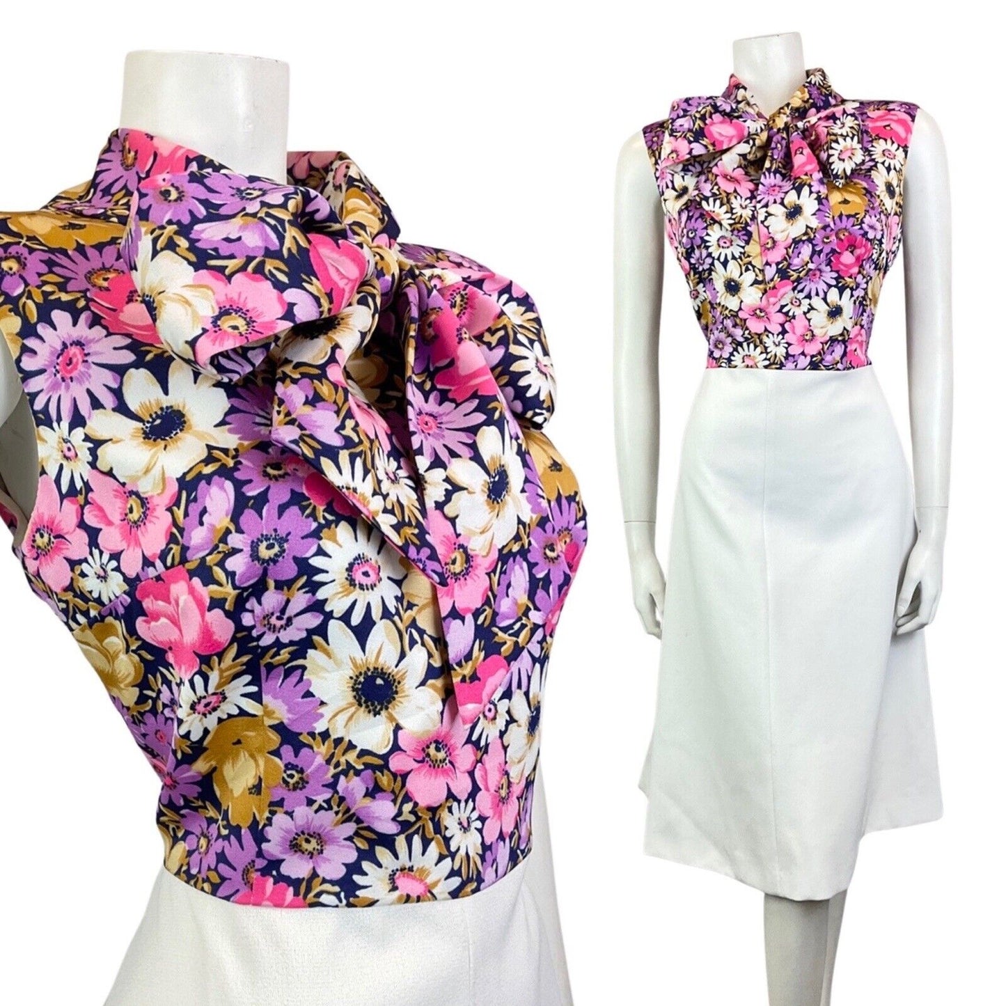 VINTAGE 60s 70s WHITE PURPLE PINK FLORAL PUSSYBOW SLEEVELESS MOD DRESS 12