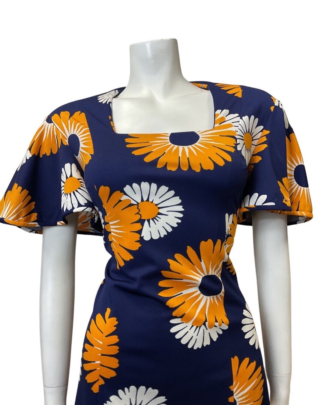 VINTAGE 60s 70s BLUE ORANGE WHITE DAISY FLOWER FLARED SLEEVE MOD DRESS 14 16