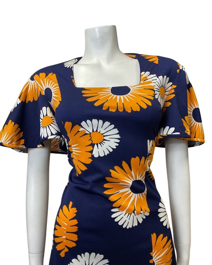VINTAGE 60s 70s BLUE ORANGE WHITE DAISY FLOWER FLARED SLEEVE MOD DRESS 14 16