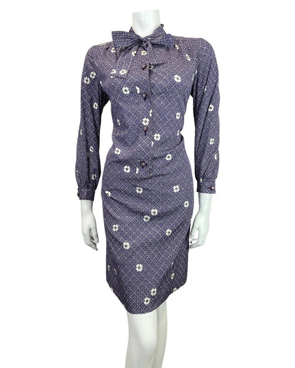 VINTAGE 60s 70s PURPLE WHITE GEOMETRIC DOTTY FLORAL PUSSYBOW SHIRT DRESS 12 14