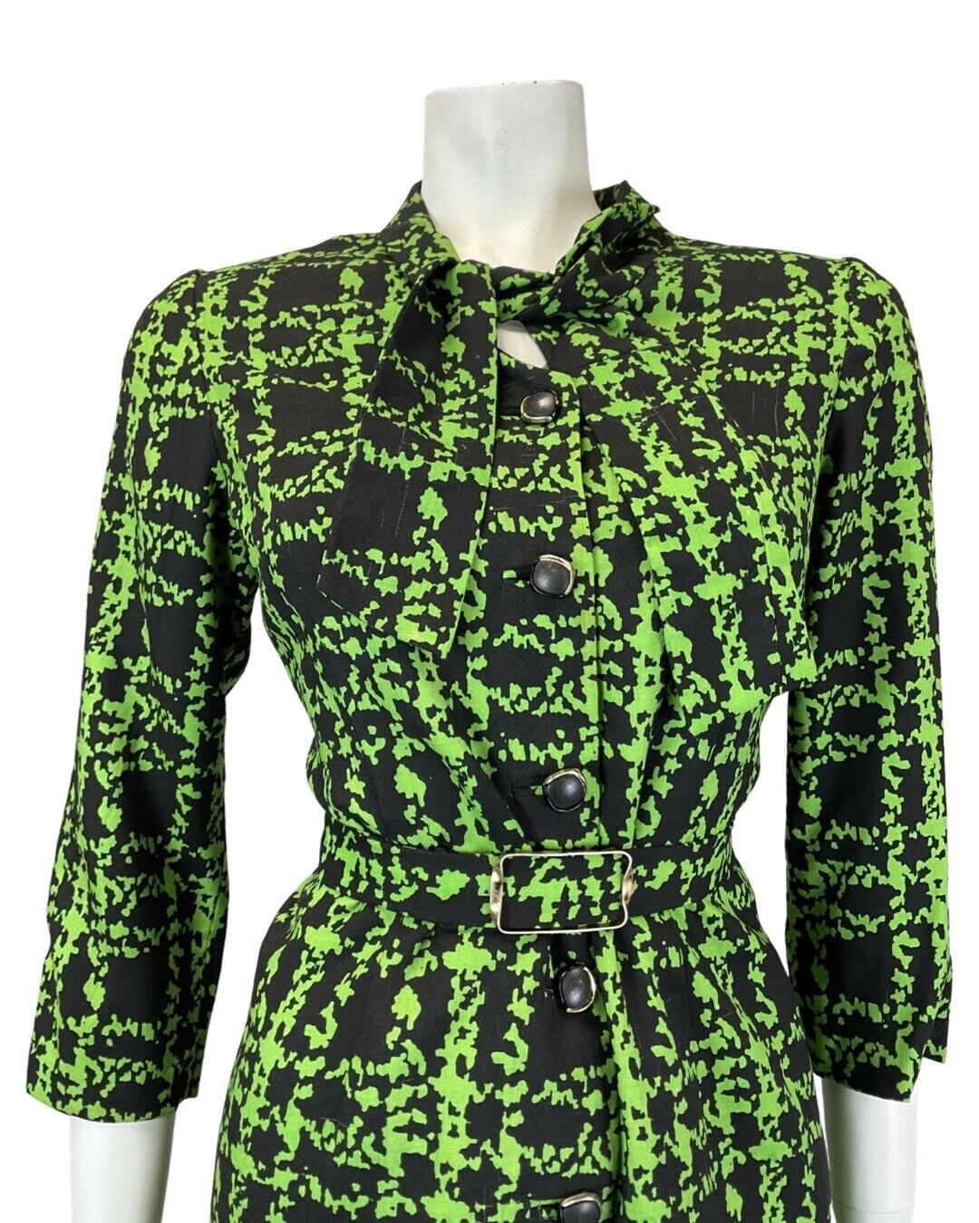 VINTAGE 60s 90s GREEN BLACK PLAID CHECKED PUSSYBOW BELTED MOD DRESS 16