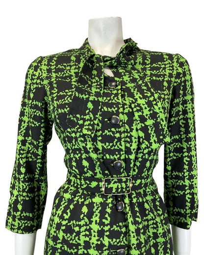 VINTAGE 60s 90s GREEN BLACK PLAID CHECKED PUSSYBOW BELTED MOD DRESS 16