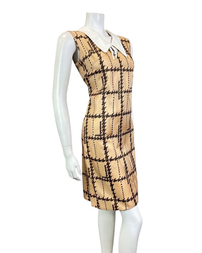 VINTAGE 60s 70s BROWN BRONZE HOUNDSTOOTH CHECKED MOD DAGGER SHIRT DRESS 8 10