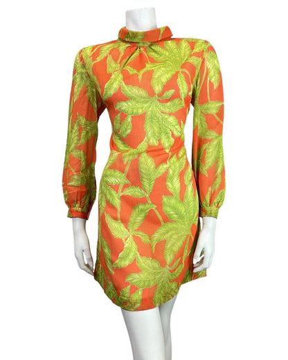VINTAGE 60s 70s ORANGE GREEN PALM LEAF SHEER TURTLENECK MOD SHIFT DRESS 8 10